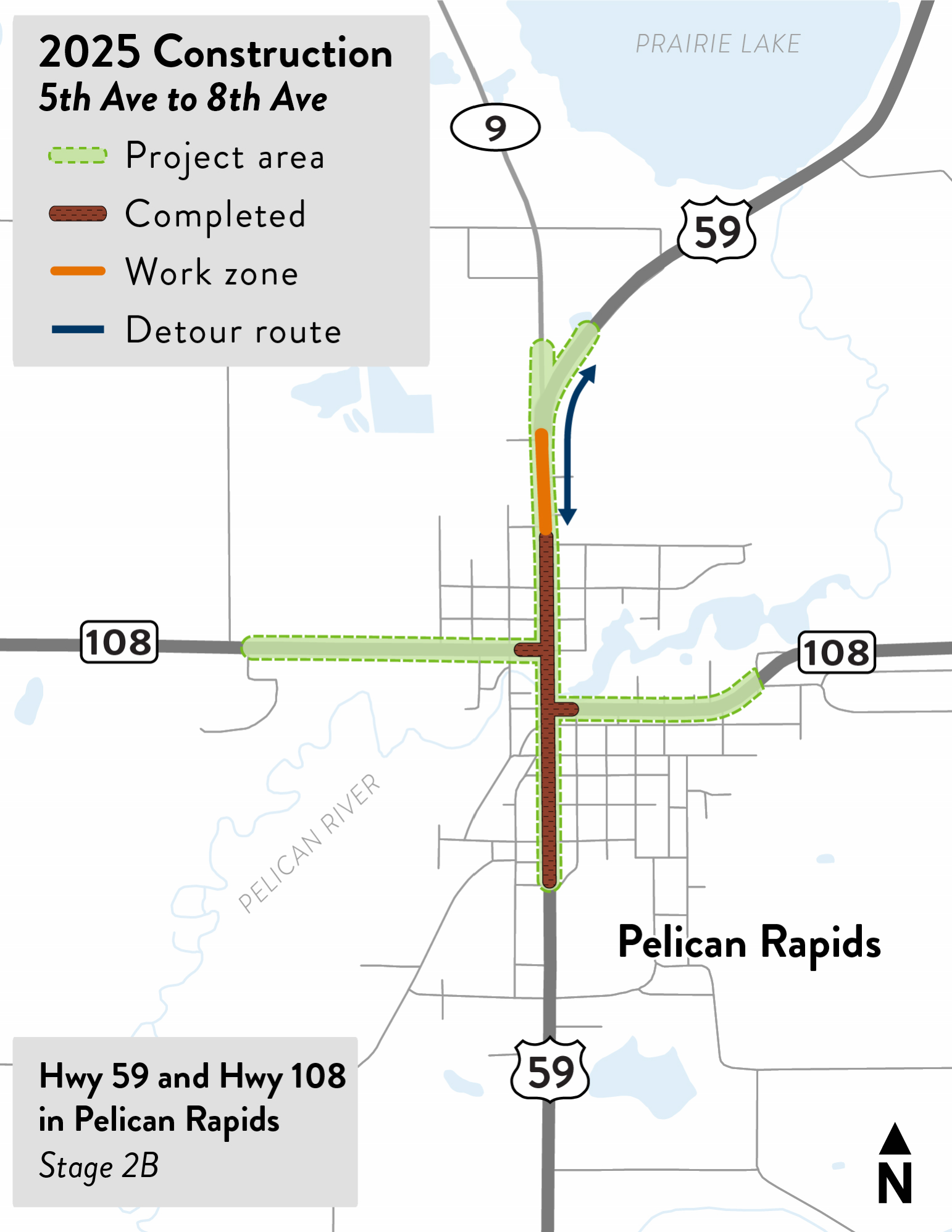 Project map for Stage 2B on Highway 59 in Pelican Rapids, shows work zone from Fifth Ave to 8th Ave, with traffic traveling on one side at a time through work area.
